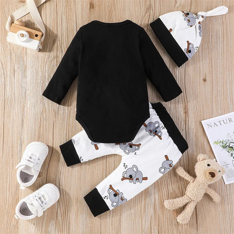 Cute Koala-Print Infant Baby Romper Outfit 3PC Set - Baby Outfit Set 0-18 Months