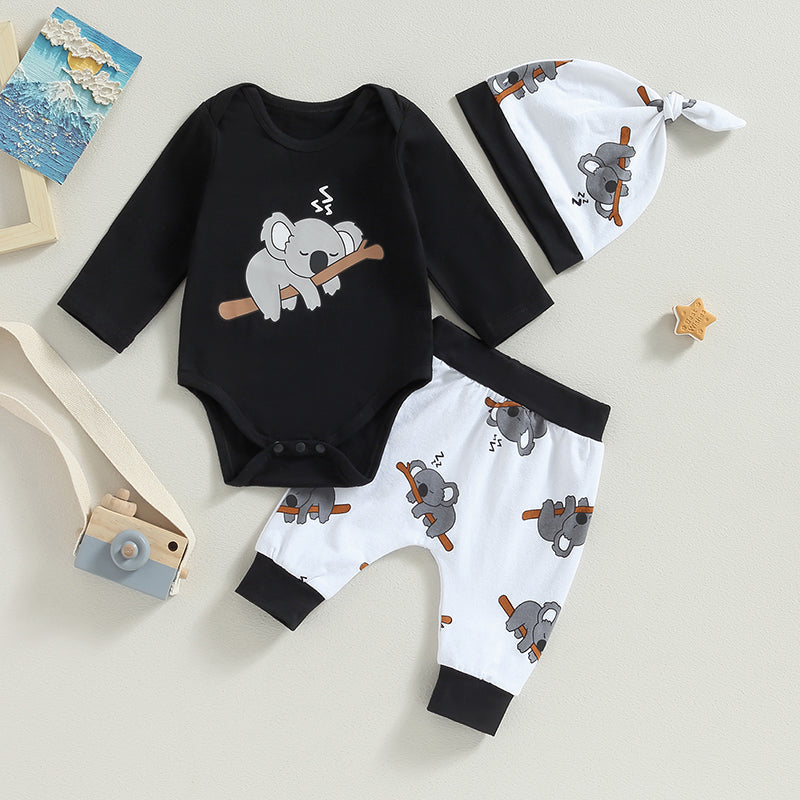 Cute Koala-Print Infant Baby Romper Outfit 3PC Set - Baby Outfit Set 0-18 Months