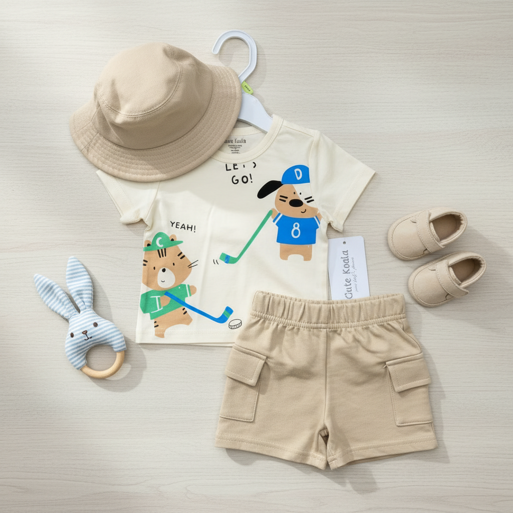 Baby Boy 3-Piece Set - Animal Print T-Shirt & Cargo Shorts with Hat
