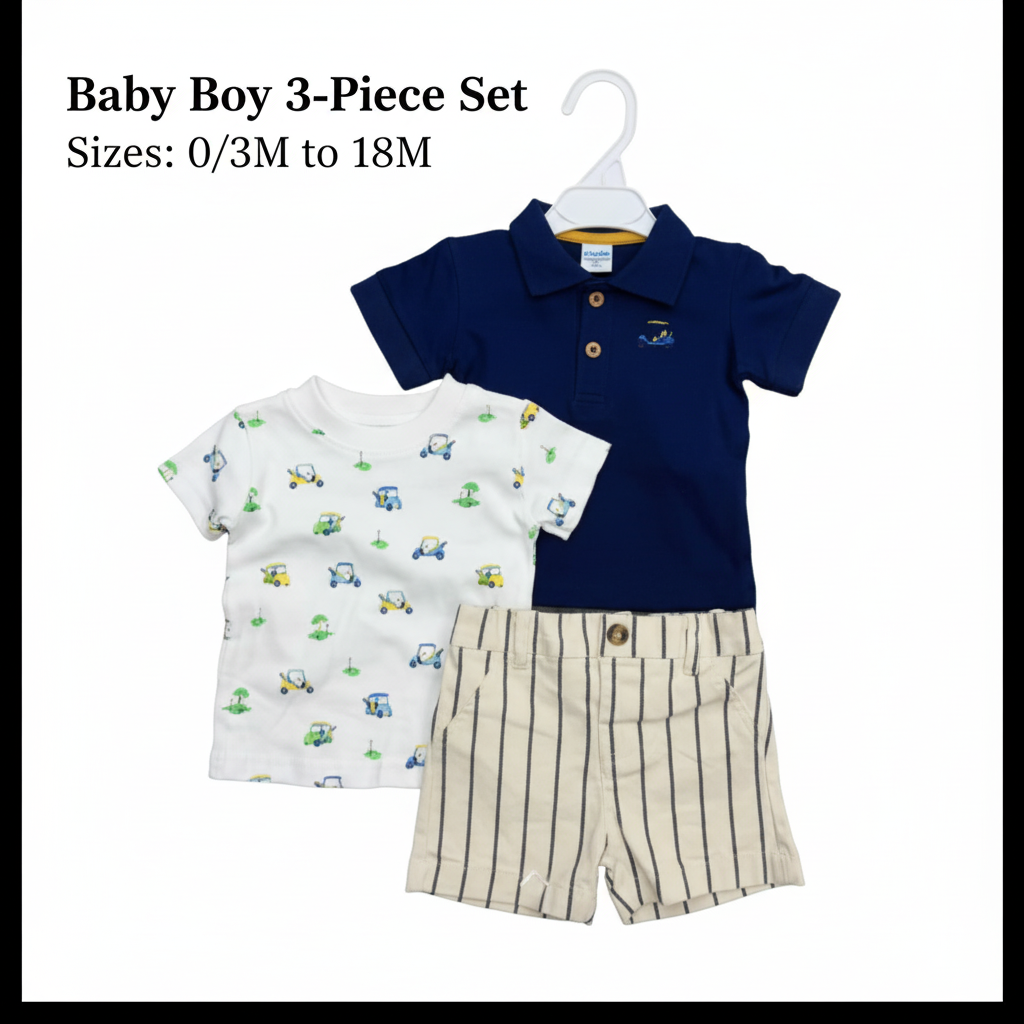 Baby Boy 3-Piece Set - Navy Polo, Print Tee & Striped Shorts