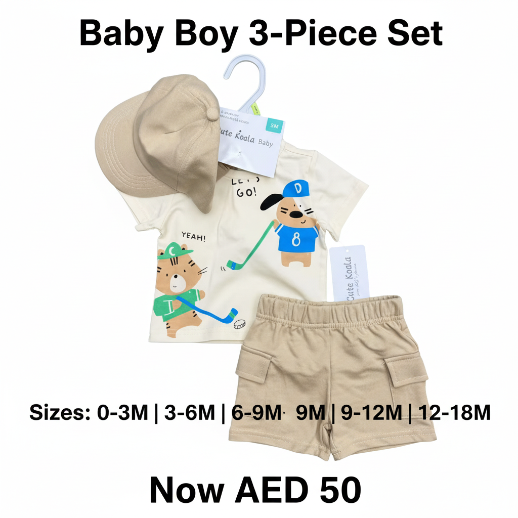 Baby Boy 3-Piece Set - Animal Print T-Shirt & Cargo Shorts with Hat