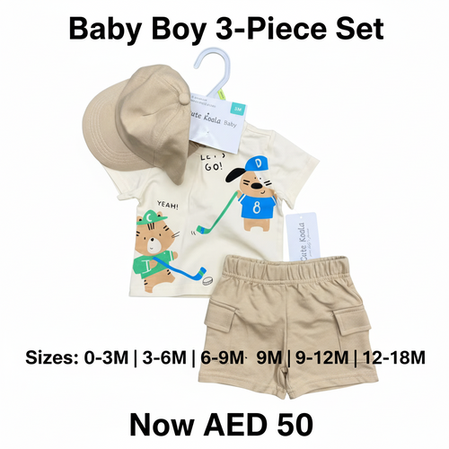 Baby Boy 3-Piece Set - Animal Print T-Shirt & Cargo Shorts with Hat