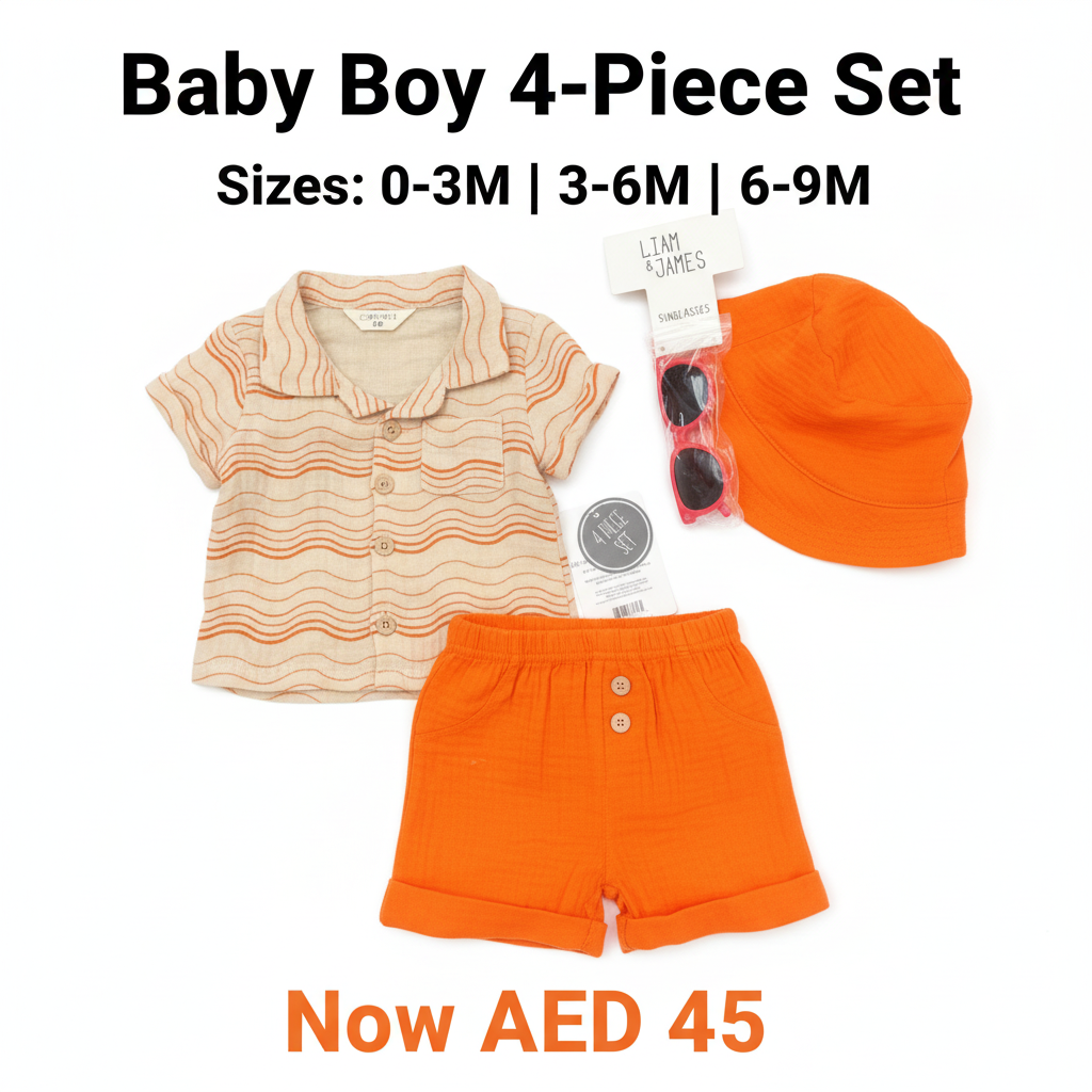 Baby Boy 4-Piece Set - Orange Stripe Shirt, Shorts, Hat & Sunglasses by Liam & James
