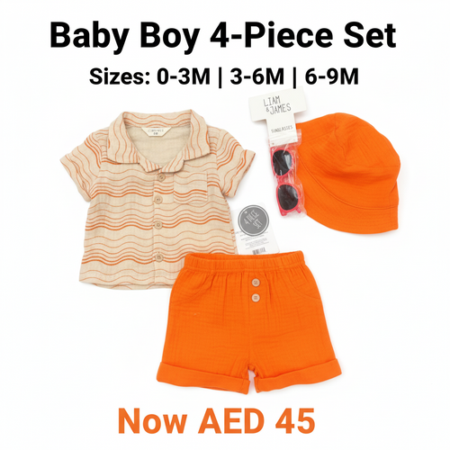 Baby Boy 4-Piece Set - Orange Stripe Shirt, Shorts, Hat & Sunglasses by Liam & James