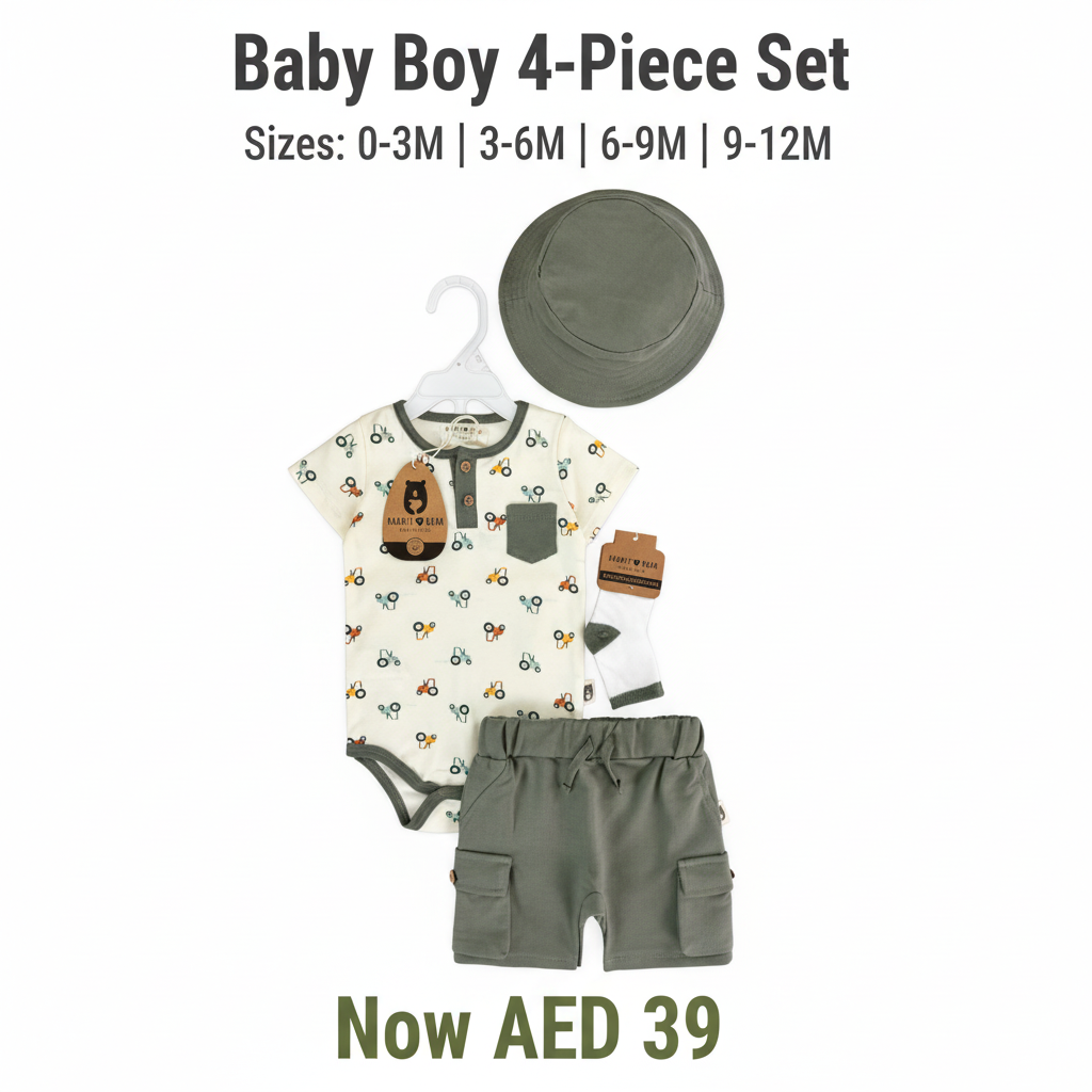 Baby Boy 3-Piece Set - Tractor Print Bodysuit & Olive Cargo Shorts with Socks