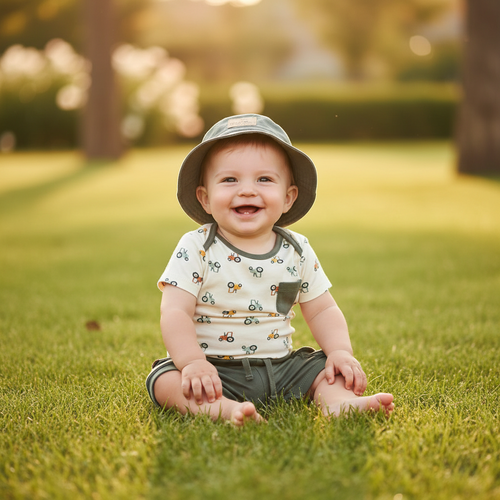 Baby Boy 3-Piece Set - Tractor Print Bodysuit & Olive Cargo Shorts with Socks