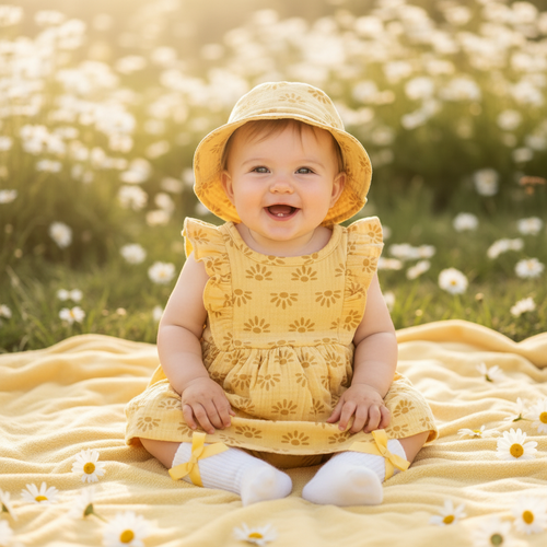 Baby Daisy Dress Set with Hat & Socks - Yellow