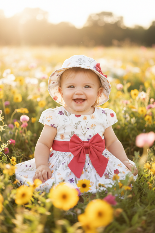 Baby Floral Dress with Matching Hat - White