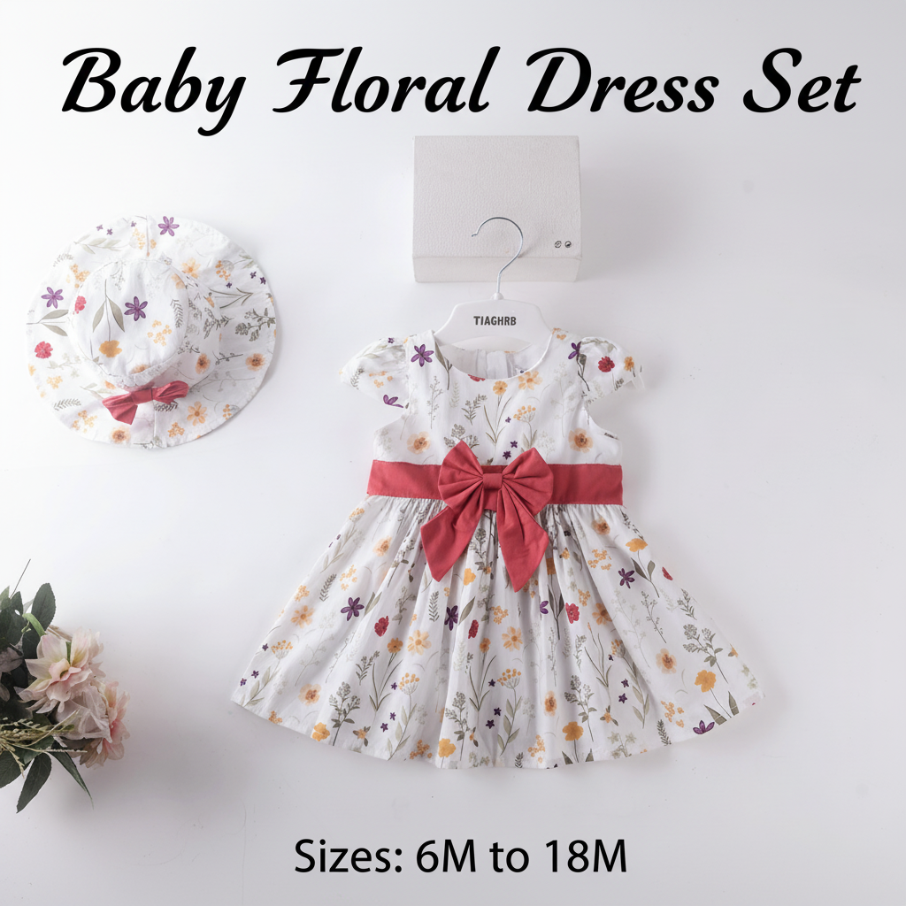 Baby Floral Dress with Matching Hat - White