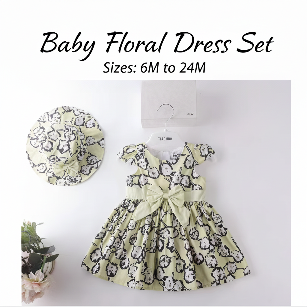 Baby Floral Dress with Matching Hat – Yellow Green