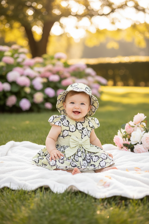 Baby Floral Dress with Matching Hat – Yellow Green