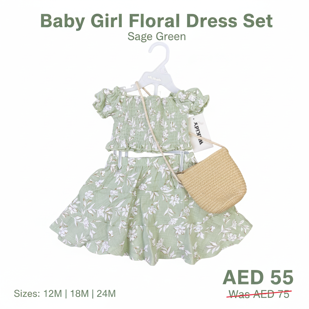 Baby Girl Floral Dress Set – Sage Green