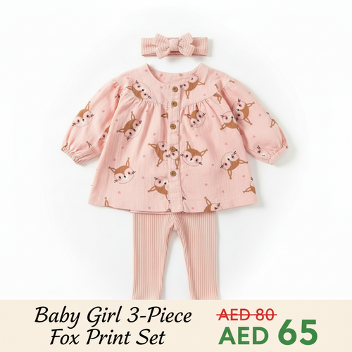 Baby Girl 3-Piece Fox Print Set – Top, Leggings & Headband