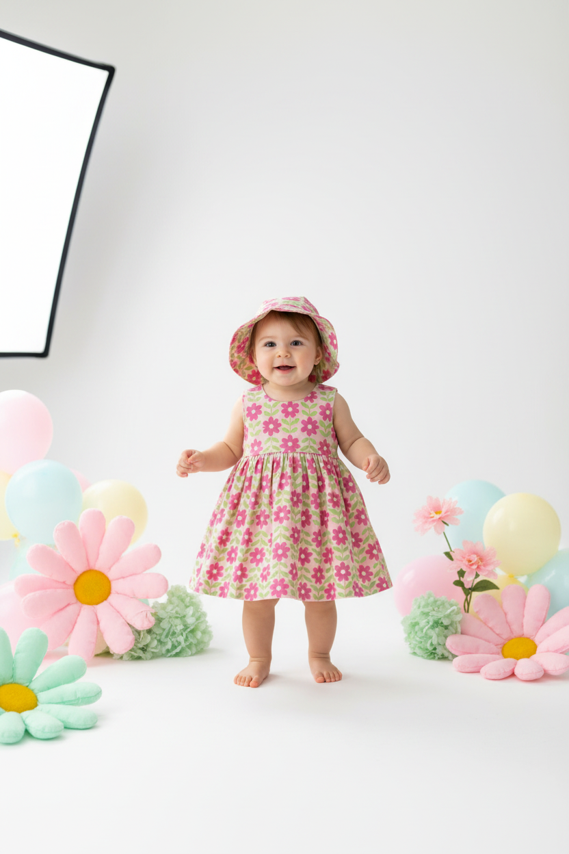 Baby Girls Floral Dress & Bonnet Set – Pink & Green