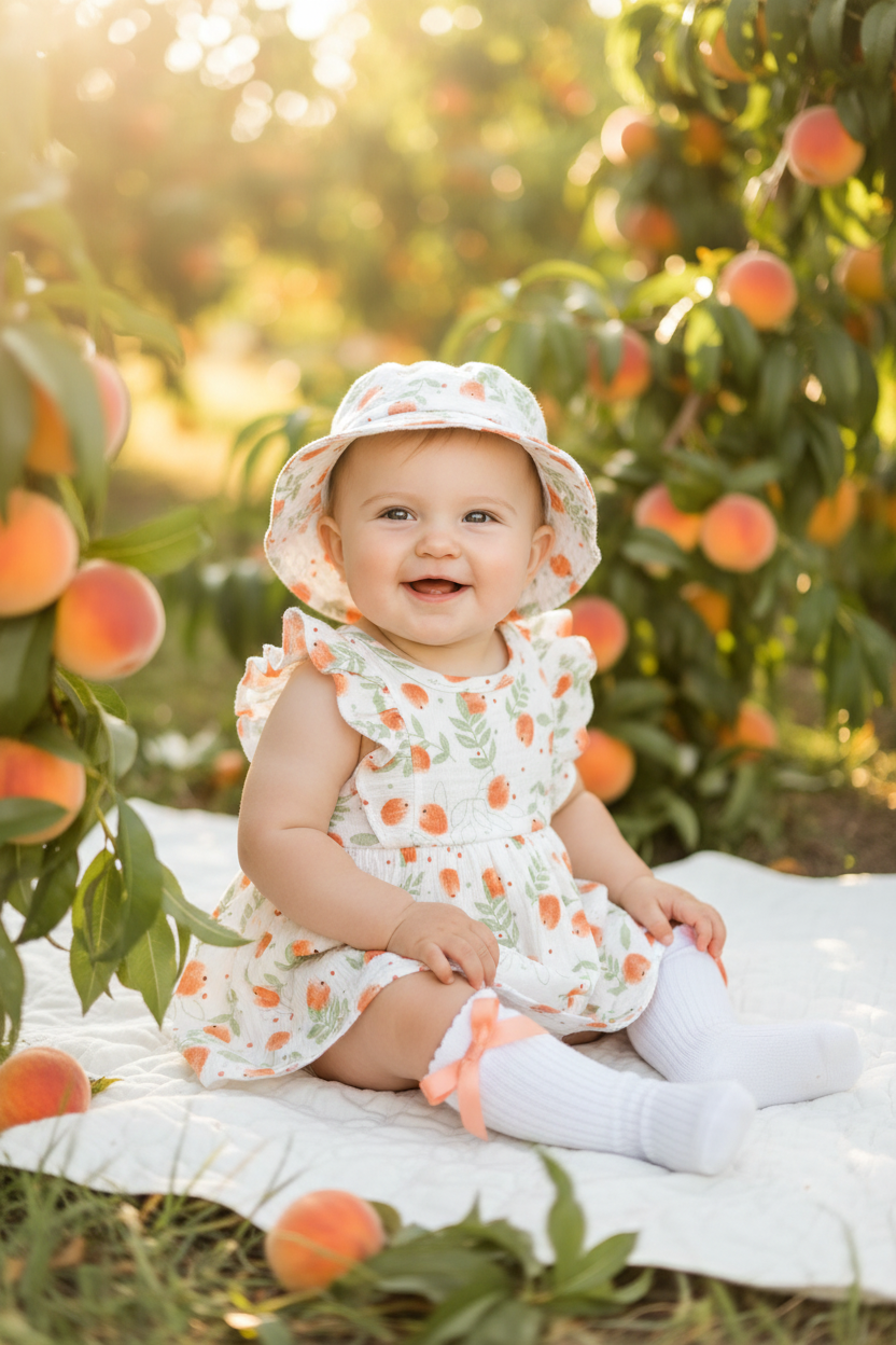 Baby Peach Dress Set with Hat & Socks - White