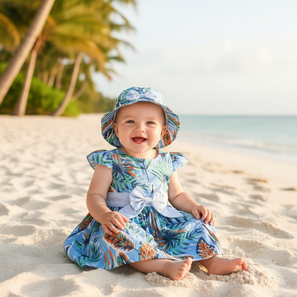 Baby Tropical Leaf Dress with Matching Hat - Blue