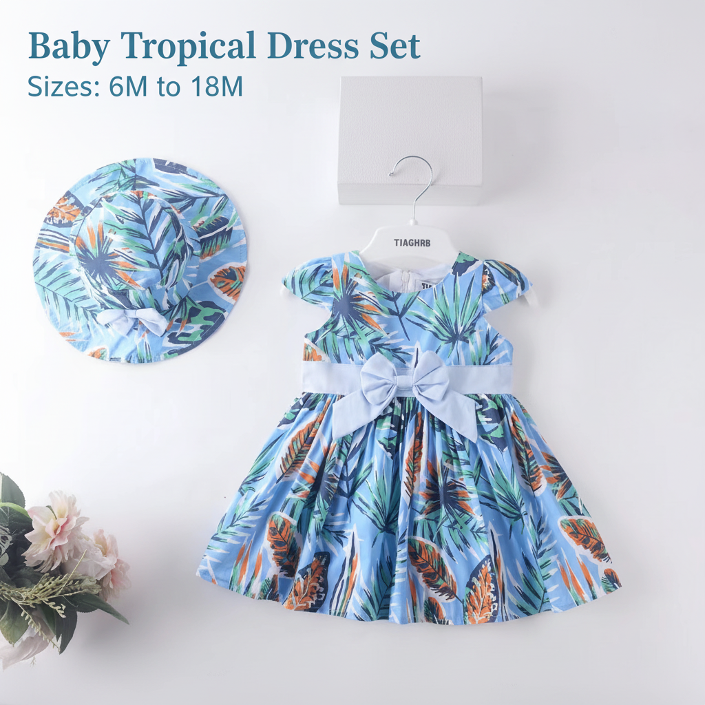 Baby Tropical Leaf Dress with Matching Hat - Blue