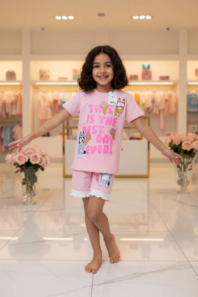 طقم شورت بينك وتيشيرت للبنات من Next بطبعة Bluey & Bingo "This Is The Best Day Ever"