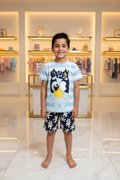 طقم شورت مطبوع بالكامل باللون الكحلي وتيشيرت أولادي مخطط برسمة Bluey من Next