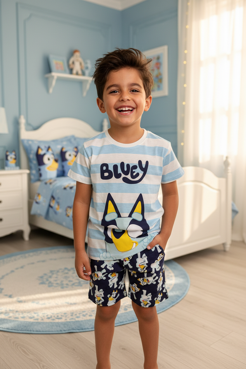 طقم شورت مطبوع بالكامل باللون الكحلي وتيشيرت أولادي مخطط برسمة Bluey من Next