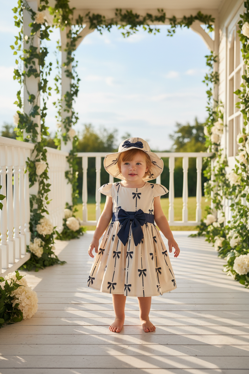 Bow Print Baby Dress with Matching Hat – Cream & Navy