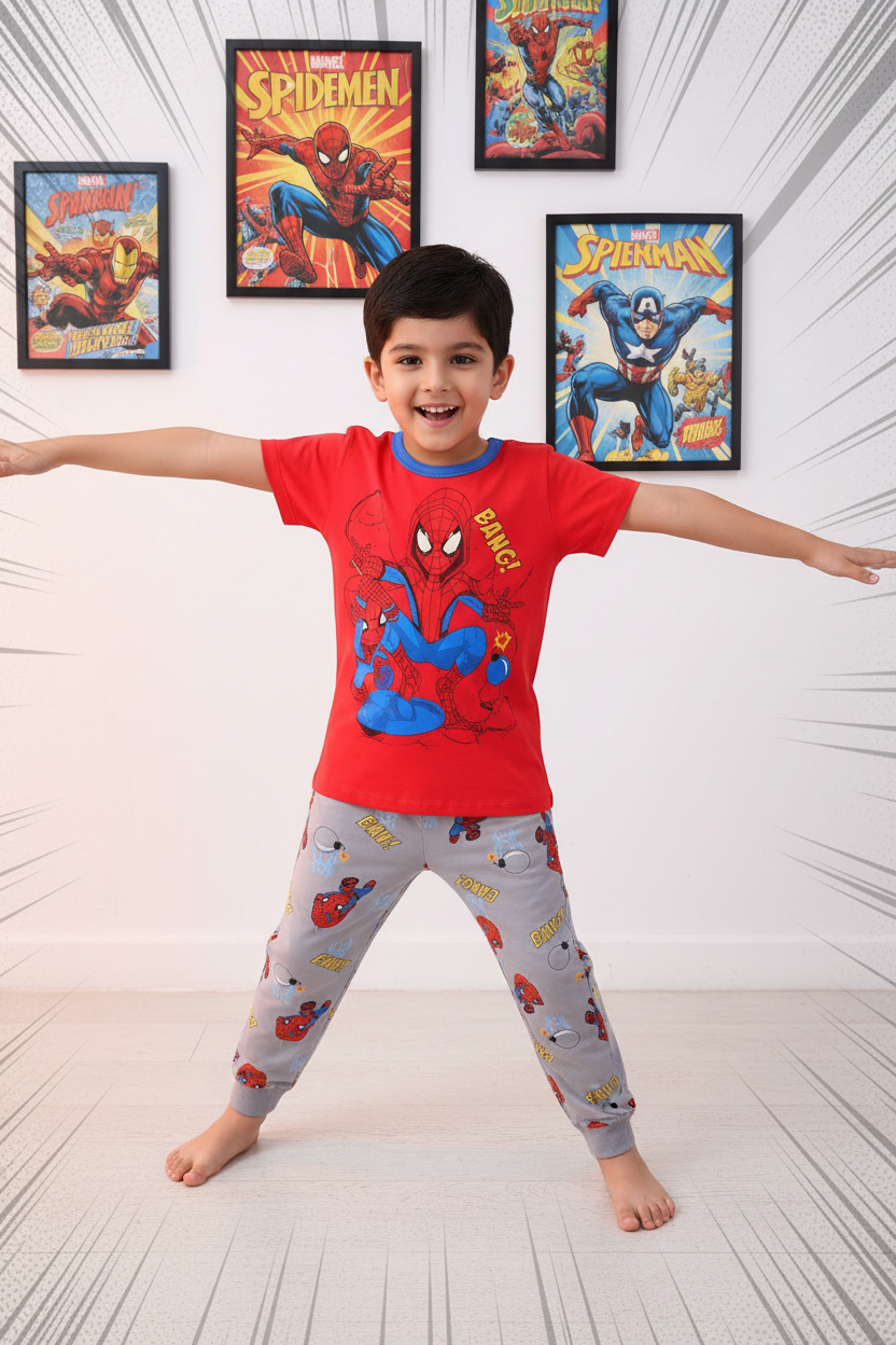 Boys Spiderman Bang Pyjama Set - Red T-Shirt & Grey Long Pants