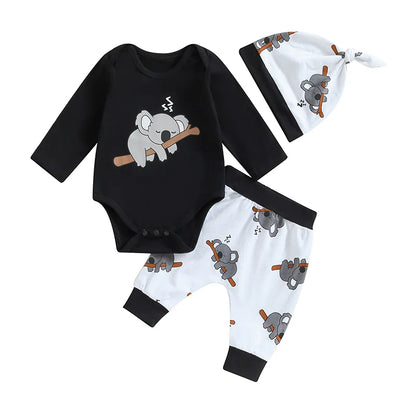 Cute Koala-Print Infant Baby Romper Outfit 3PC Set - Baby Outfit Set 0-18 Months