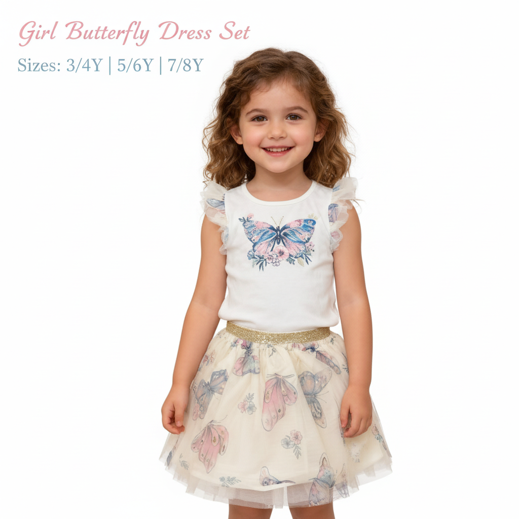 Girl Butterfly Dress Set – White