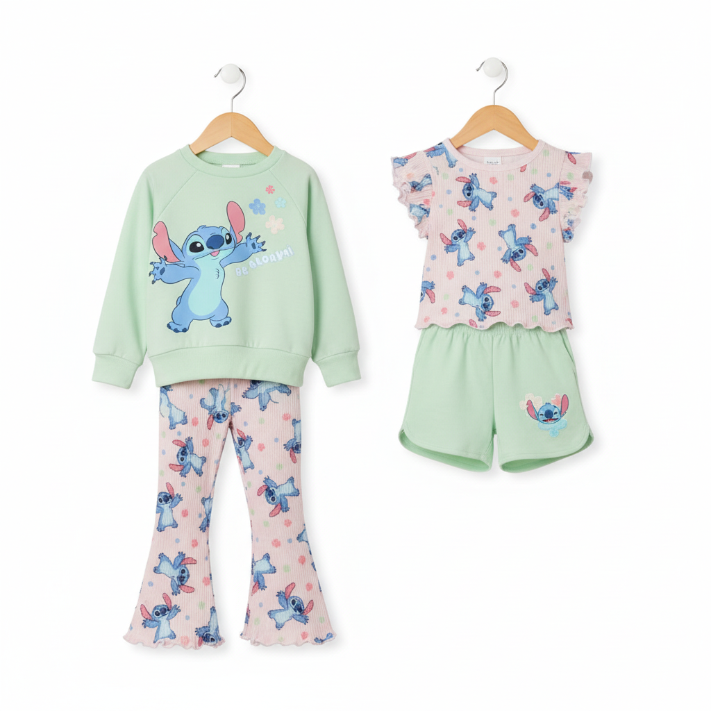 Girls Stitch Sweatshirt & Flare Pants Set - Green/Pink
