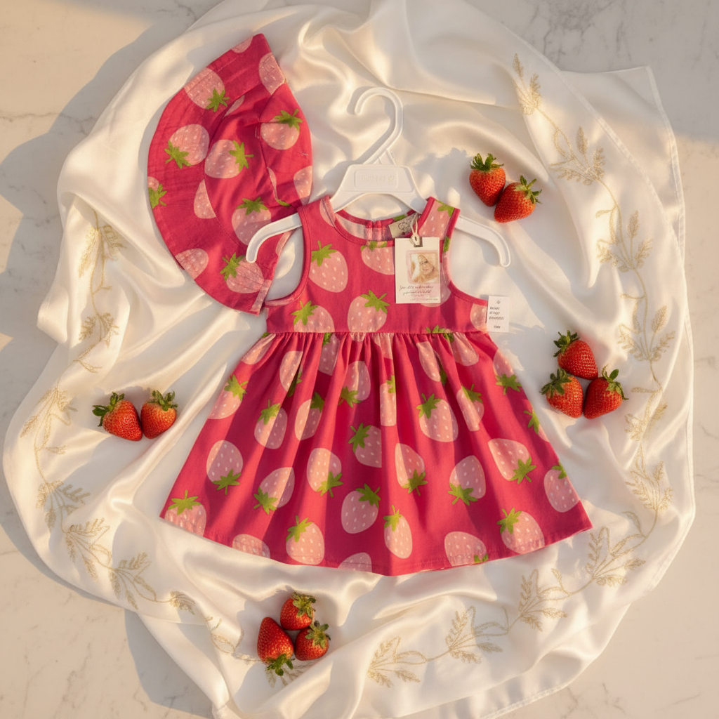 Girls Strawberry Print Dress & Bonnet Set