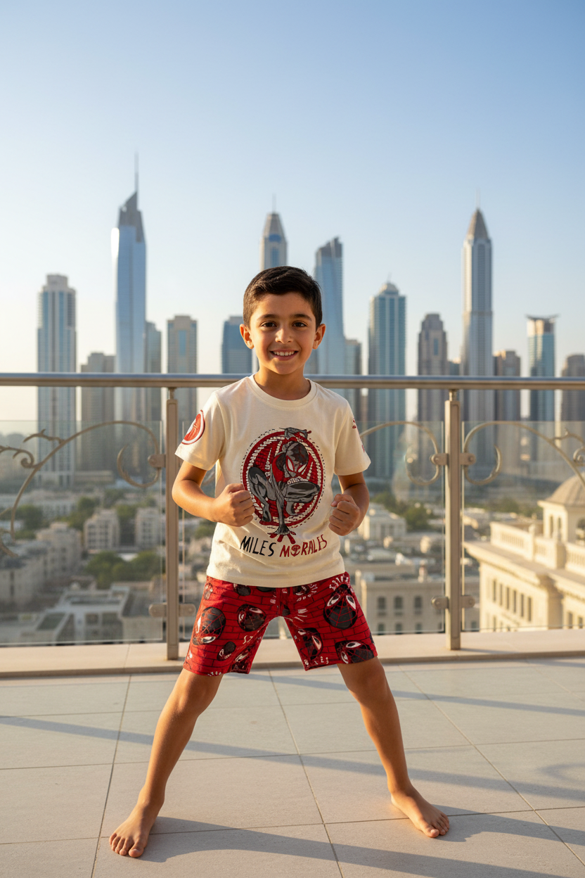 طقم تي شيرت وشورت أحمر للأولاد بطبعة Miles Morales Spider-Man من Next