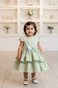 Baby Girls Mint Green Floral Embroidered Layered Party Dress with Bow