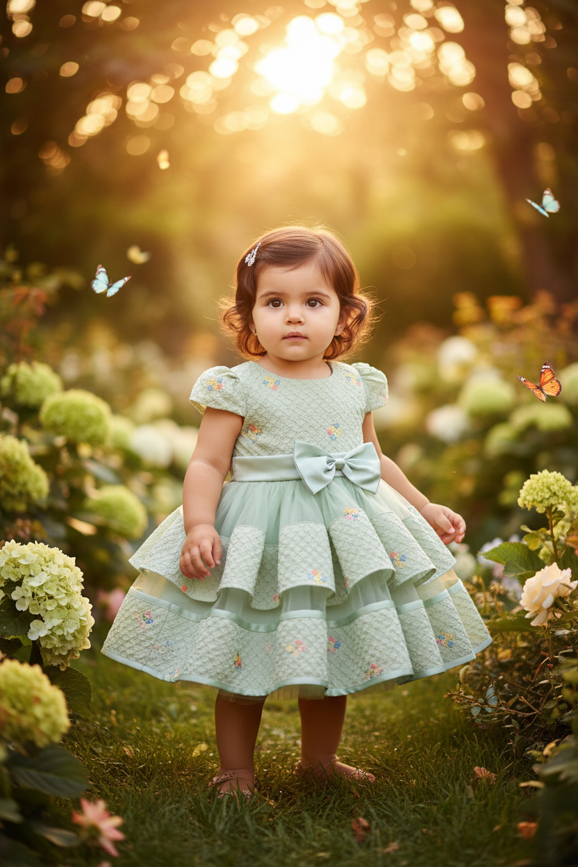 Baby Girls Mint Green Floral Embroidered Layered Party Dress with Bow