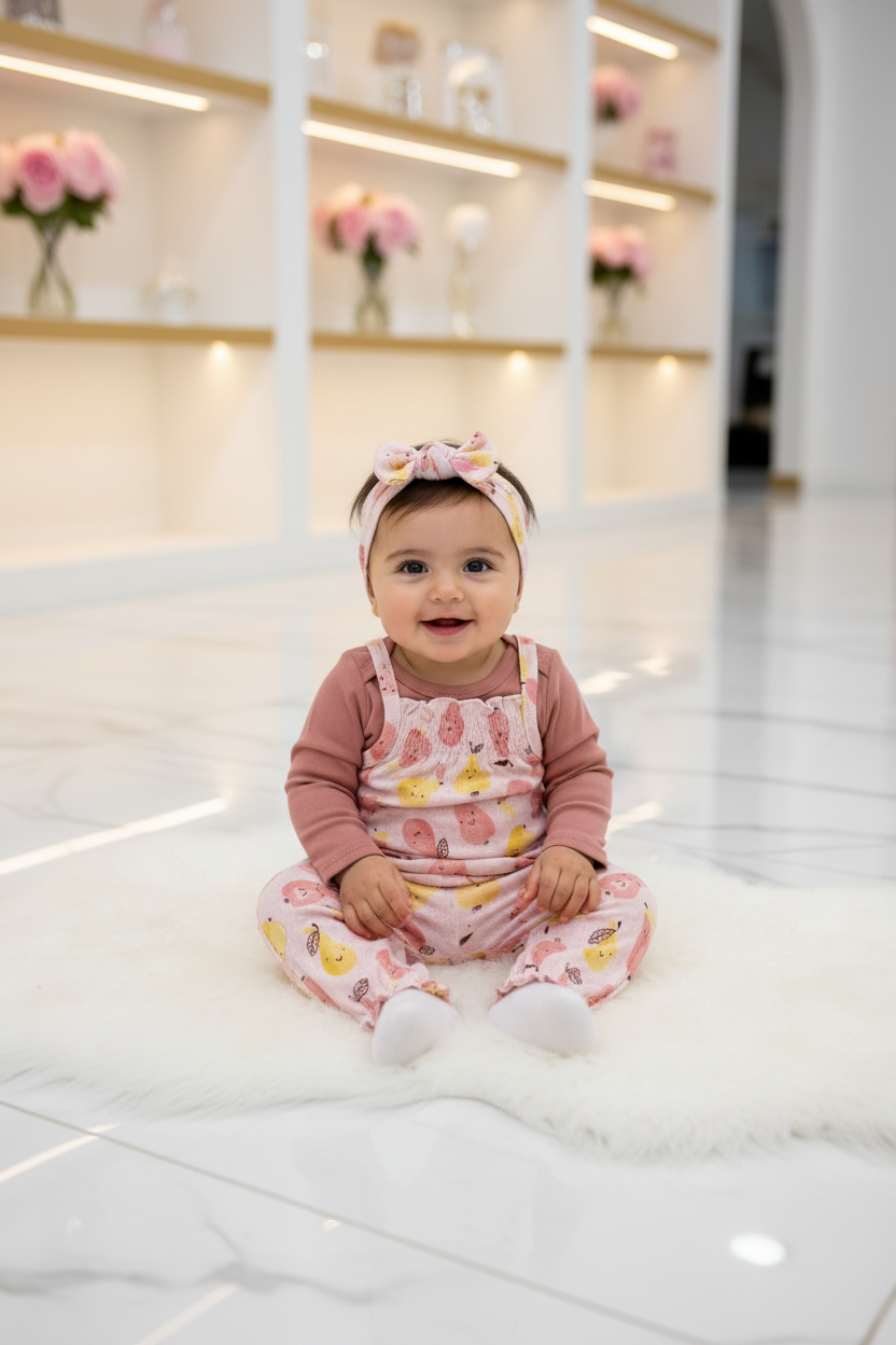 طقم من 3 قطع للفتيات الرضع من رين روف - سالوبيت، وسروال جينز بطبعة إجاص، وشريط رأس بفيونكة