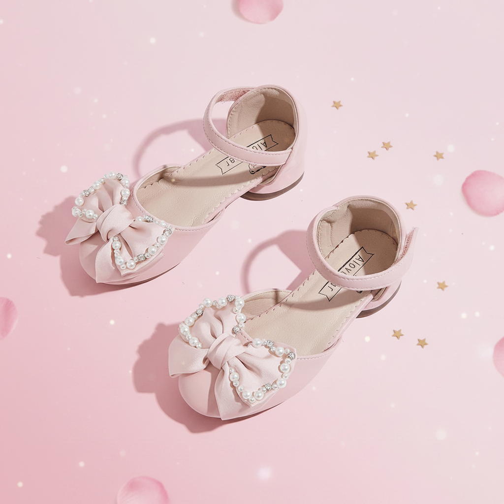 Pink Pearl & Crystal Bow Mary Jane Shoes for Girls by Aioybear