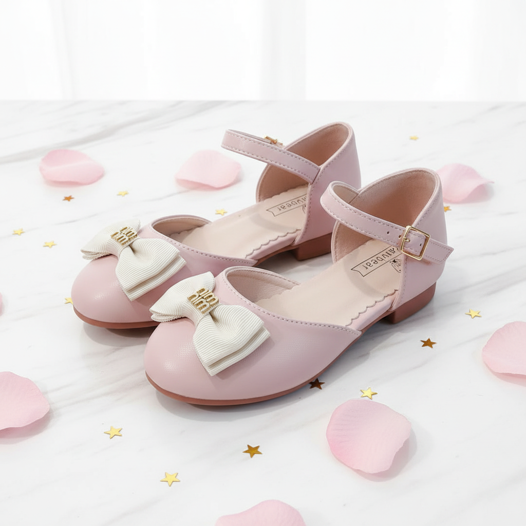 Pink Bow Mary Jane Shoes for Girls - Elegant White Bow by Aioybr