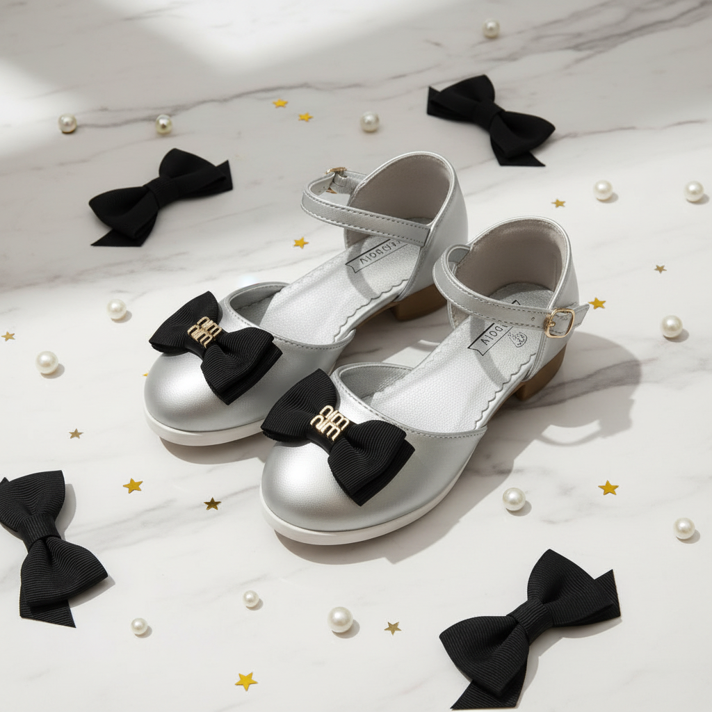 Silver Bow Mary Jane Shoes for Girls - Elegant Black Bow by Aioybr