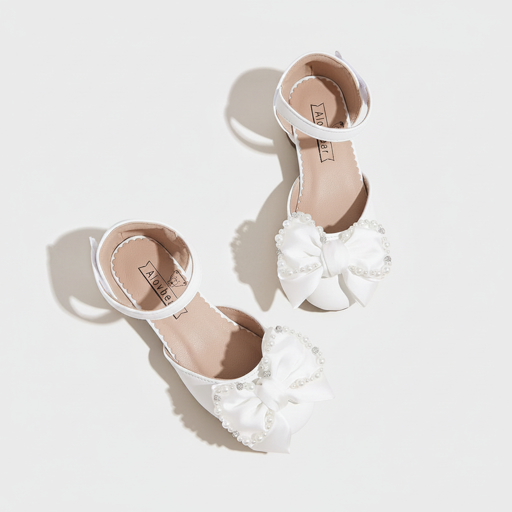 White Pearl & Crystal Bow Mary Jane Shoes for Girls by Aioybear
