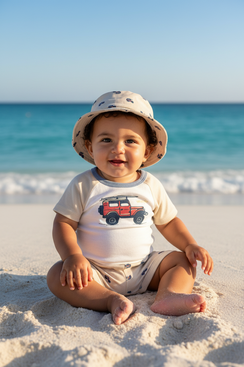 طقم رانجلر للأولاد الرضع من 3 قطع – بودي سوت Surf Jeep، شورت، وقبعة دلو