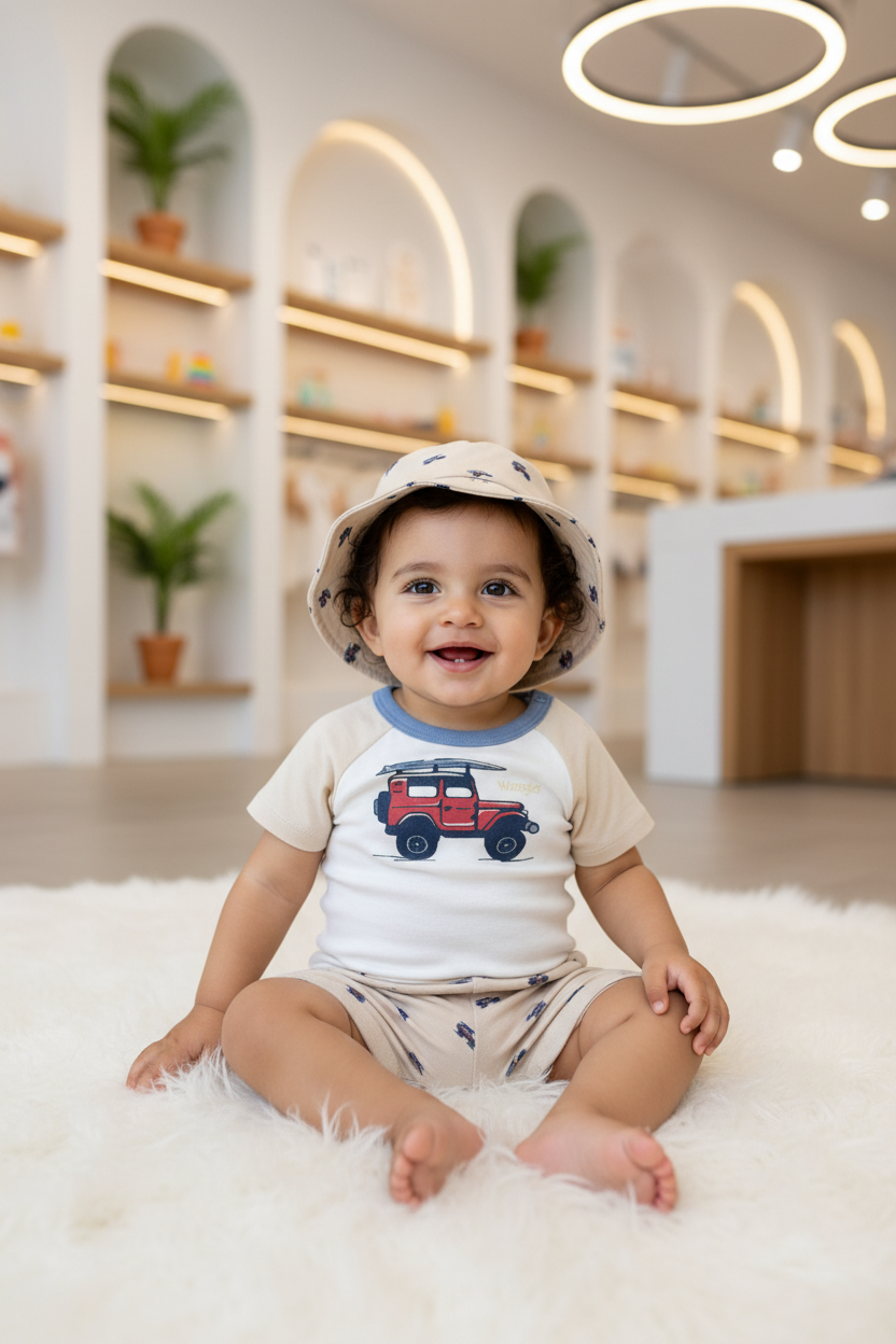 طقم رانجلر للأولاد الرضع من 3 قطع – بودي سوت Surf Jeep، شورت، وقبعة دلو